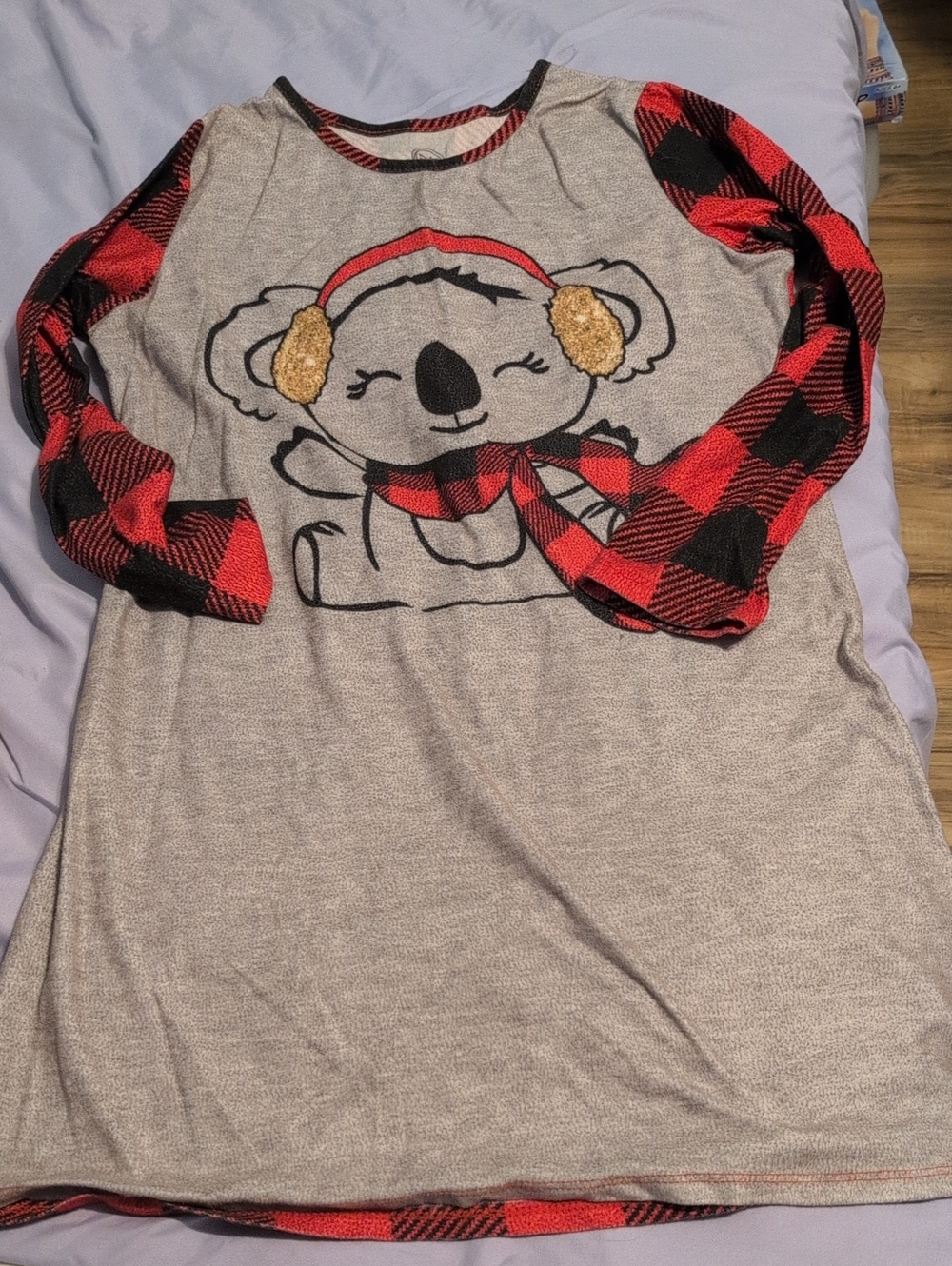 Girls' Gray Koala Holiday Nightgown with Red Plaid Sleeves